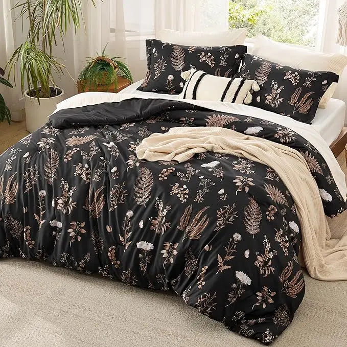 3-Piece Soft Floral Reversible Bed Set — Cute Botanical Flowers Comforter with 2 Pillow Shams, Lightweight Cozy Bedding