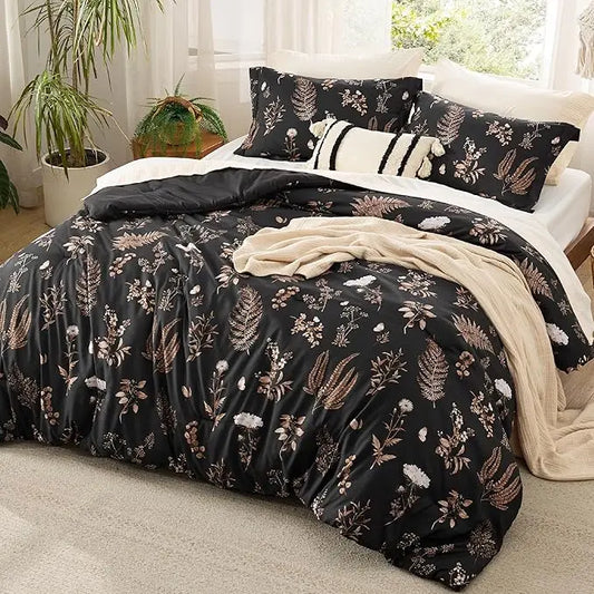 3-Piece Soft Floral Reversible Bed Set — Cute Botanical Flowers Comforter with 2 Pillow Shams, Lightweight Cozy Bedding