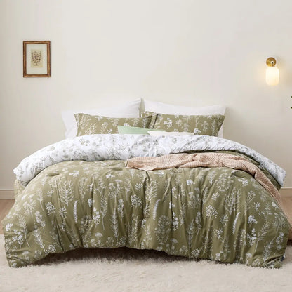 3-Piece Soft Floral Reversible Bed Set — Cute Botanical Flowers Comforter with 2 Pillow Shams, Lightweight Cozy Bedding