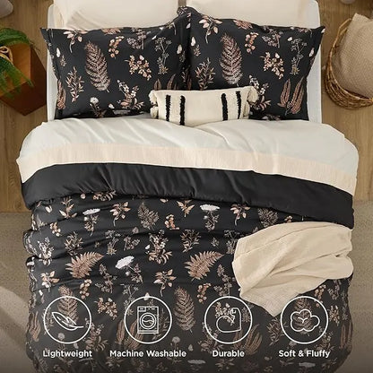 3-Piece Soft Floral Reversible Bed Set — Cute Botanical Flowers Comforter with 2 Pillow Shams, Lightweight Cozy Bedding
