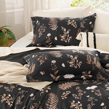 3-Piece Soft Floral Reversible Bed Set — Cute Botanical Flowers Comforter with 2 Pillow Shams, Lightweight Cozy Bedding